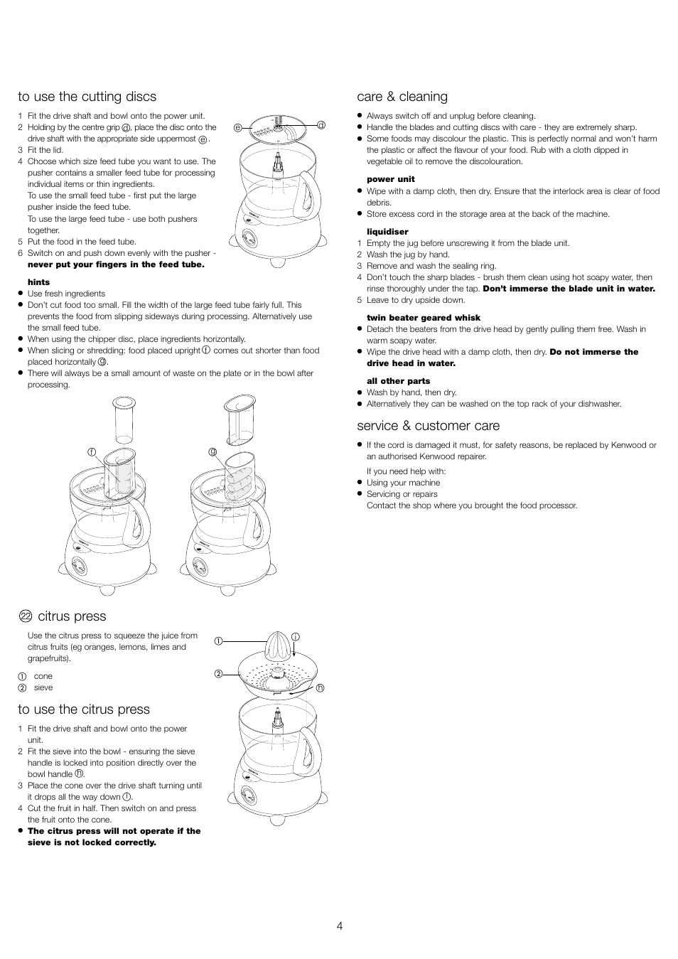 Citrus press, Care & cleaning, Service & customer care | Kenwood FP479 User Manual | Page 7 / 47