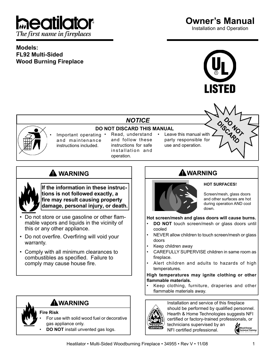 Hearth and Home Technologies Heatilator FL92 User Manual | 48 pages