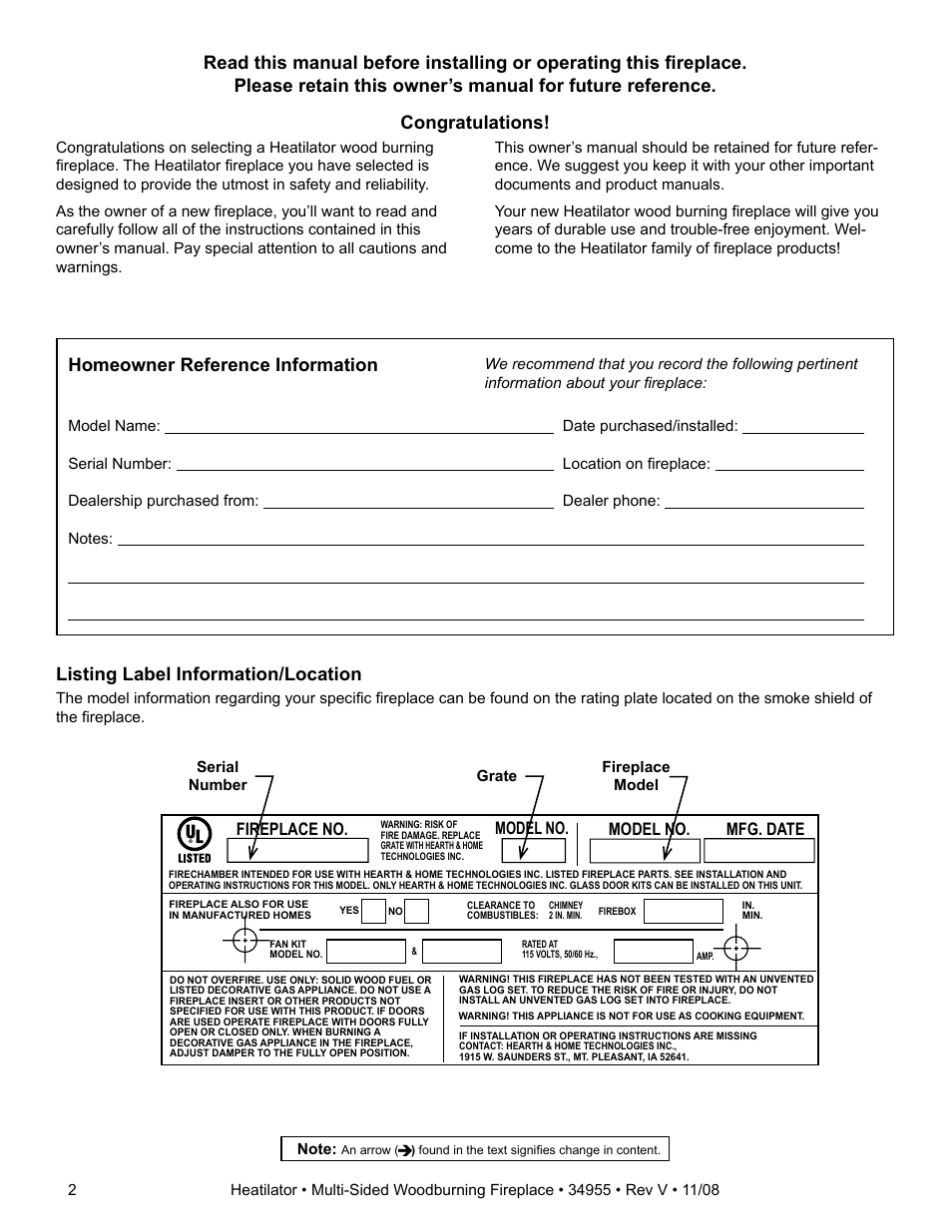 Listing label information/location, Fireplace no. model no. model no. mfg. date | Hearth and Home Technologies Heatilator FL92 User Manual | Page 2 / 48