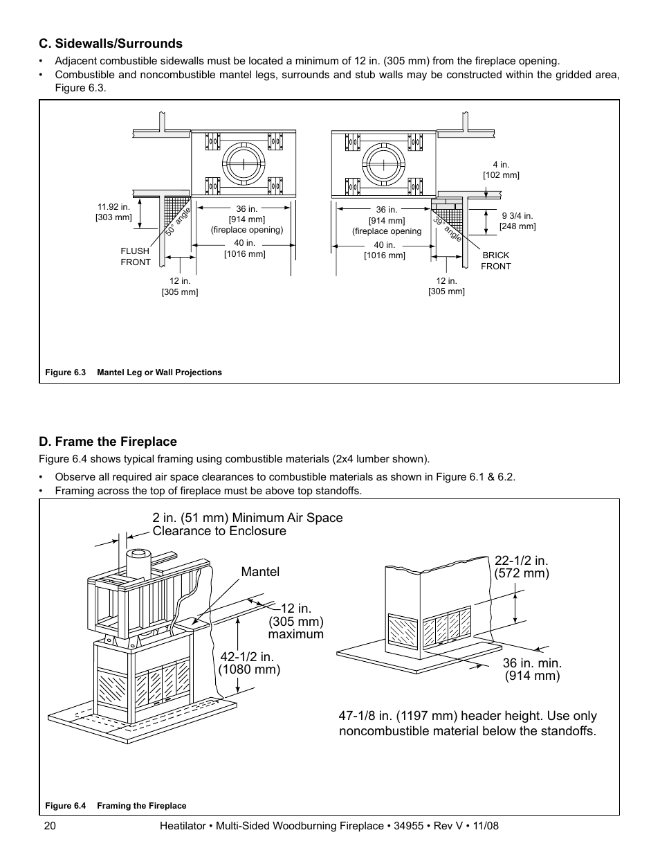 D. frame the fireplace, C. sidewalls/surrounds | Hearth and Home Technologies Heatilator FL92 User Manual | Page 20 / 48