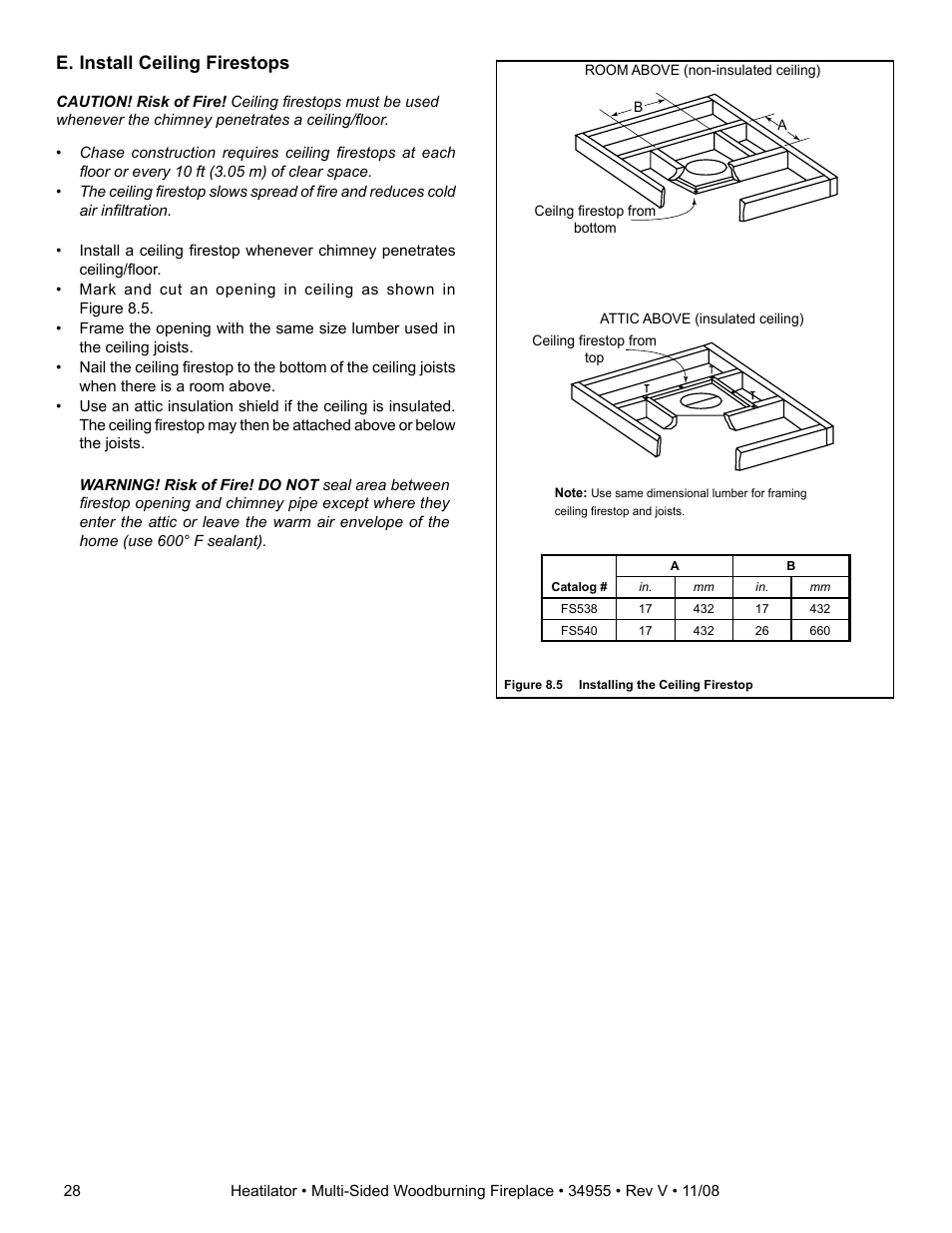 E. install ceiling firestops | Hearth and Home Technologies Heatilator FL92 User Manual | Page 28 / 48