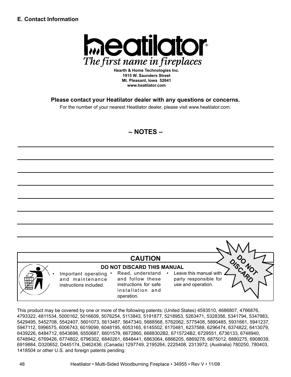 Caution, Do not discard | Hearth and Home Technologies Heatilator FL92 User Manual | Page 48 / 48