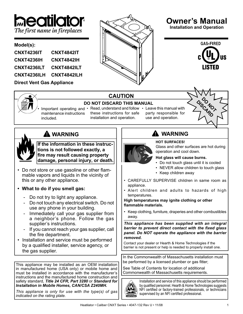 Hearth and Home Technologies Direct Vent Gas Appliance CNXT4236IT User Manual | 80 pages