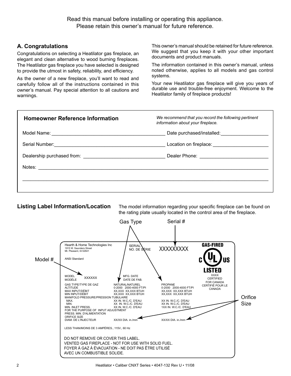 Listing label information/location, Serial # gas type orifice size model | Hearth and Home Technologies Direct Vent Gas Appliance CNXT4236IT User Manual | Page 2 / 80