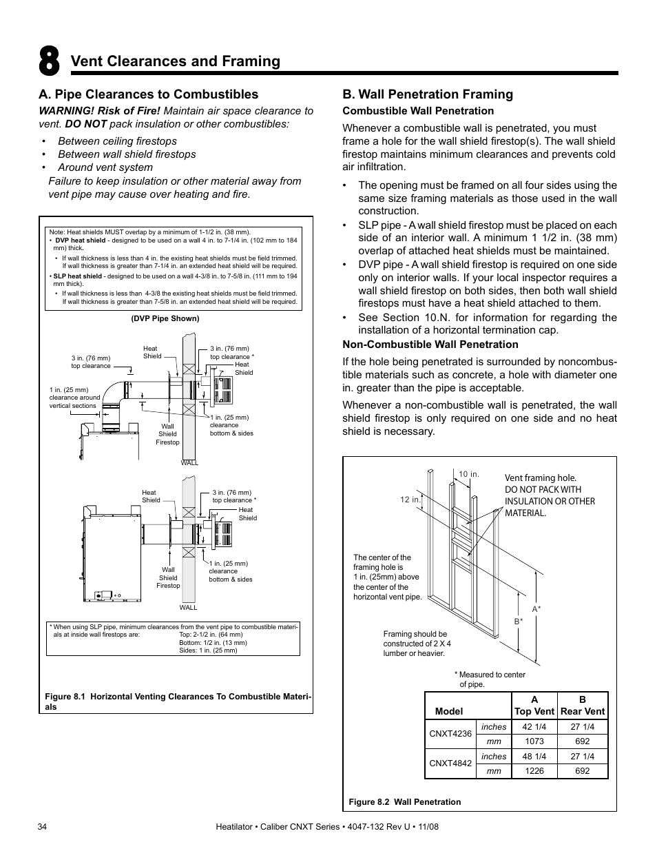 Vent clearances and framing, A. pipe clearances to combustibles, B. wall penetration framing | Hearth and Home Technologies Direct Vent Gas Appliance CNXT4236IT User Manual | Page 34 / 80