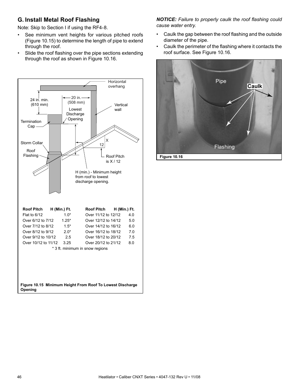 G. install metal roof flashing, Caulk pipe flashing | Hearth and Home Technologies Direct Vent Gas Appliance CNXT4236IT User Manual | Page 46 / 80