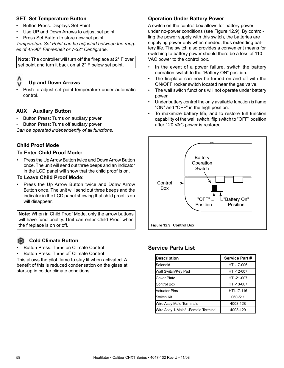 Service parts list | Hearth and Home Technologies Direct Vent Gas Appliance CNXT4236IT User Manual | Page 58 / 80