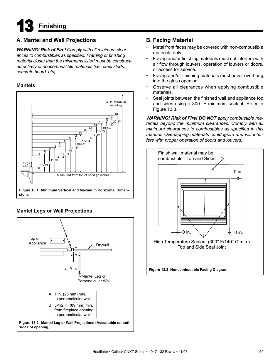 Finishing, A. mantel and wall projections, B. facing material | Mantels mantel legs or wall projections | Hearth and Home Technologies Direct Vent Gas Appliance CNXT4236IT User Manual | Page 59 / 80