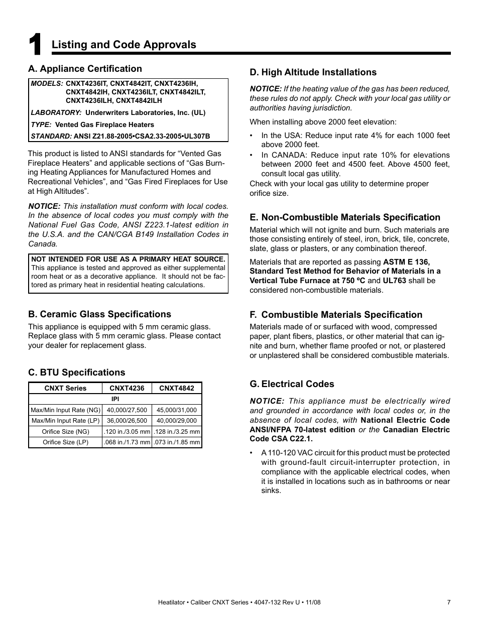 Listing and code approvals | Hearth and Home Technologies Direct Vent Gas Appliance CNXT4236IT User Manual | Page 7 / 80