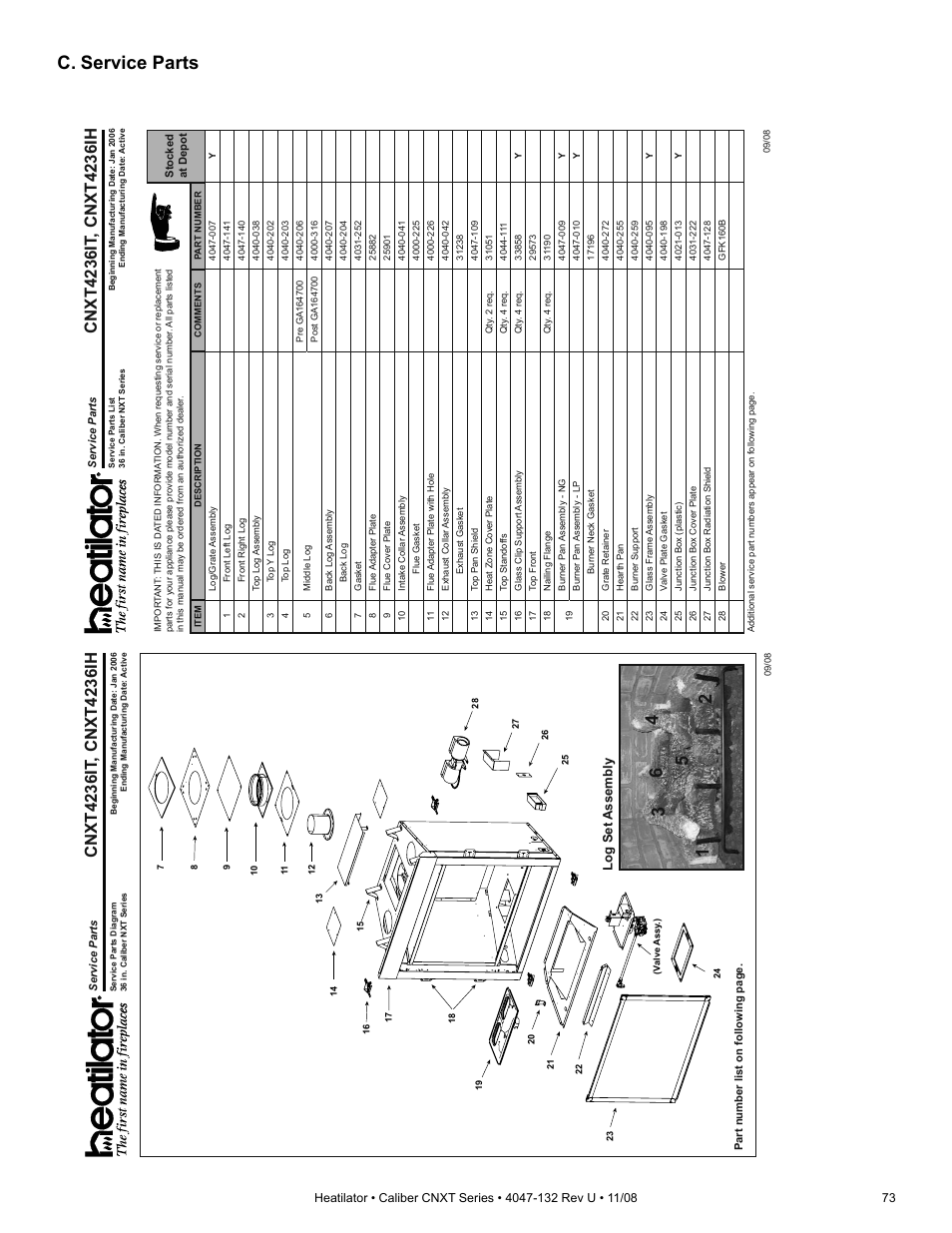 C. service parts, Log set assembly | Hearth and Home Technologies Direct Vent Gas Appliance CNXT4236IT User Manual | Page 73 / 80