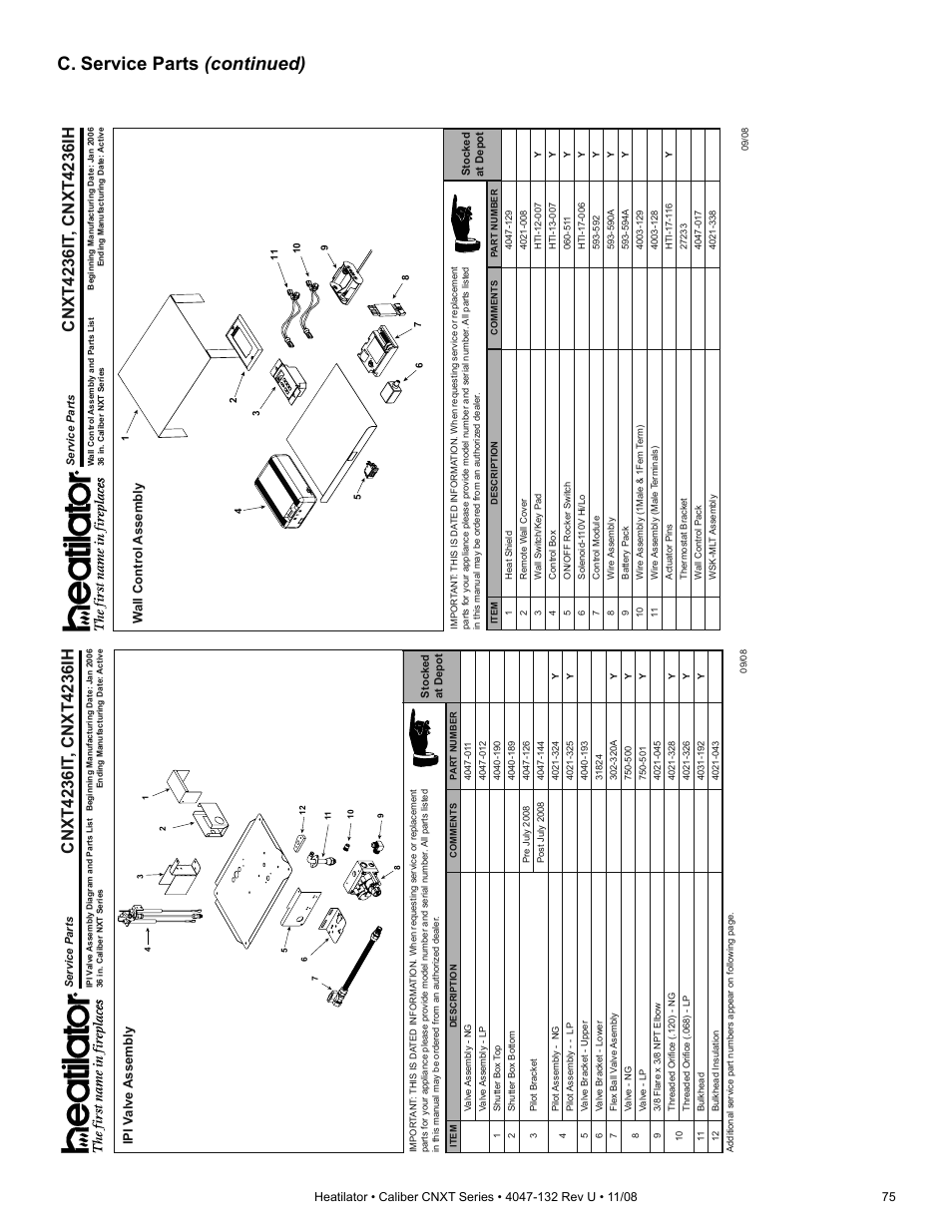 C. service parts (continued), Ipi v alve assembly, Wall control assembly | Hearth and Home Technologies Direct Vent Gas Appliance CNXT4236IT User Manual | Page 75 / 80