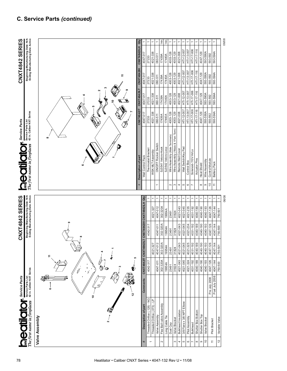 C. service parts (continued), Cnxt4842 series, Valve assembly | Hearth and Home Technologies Direct Vent Gas Appliance CNXT4236IT User Manual | Page 78 / 80