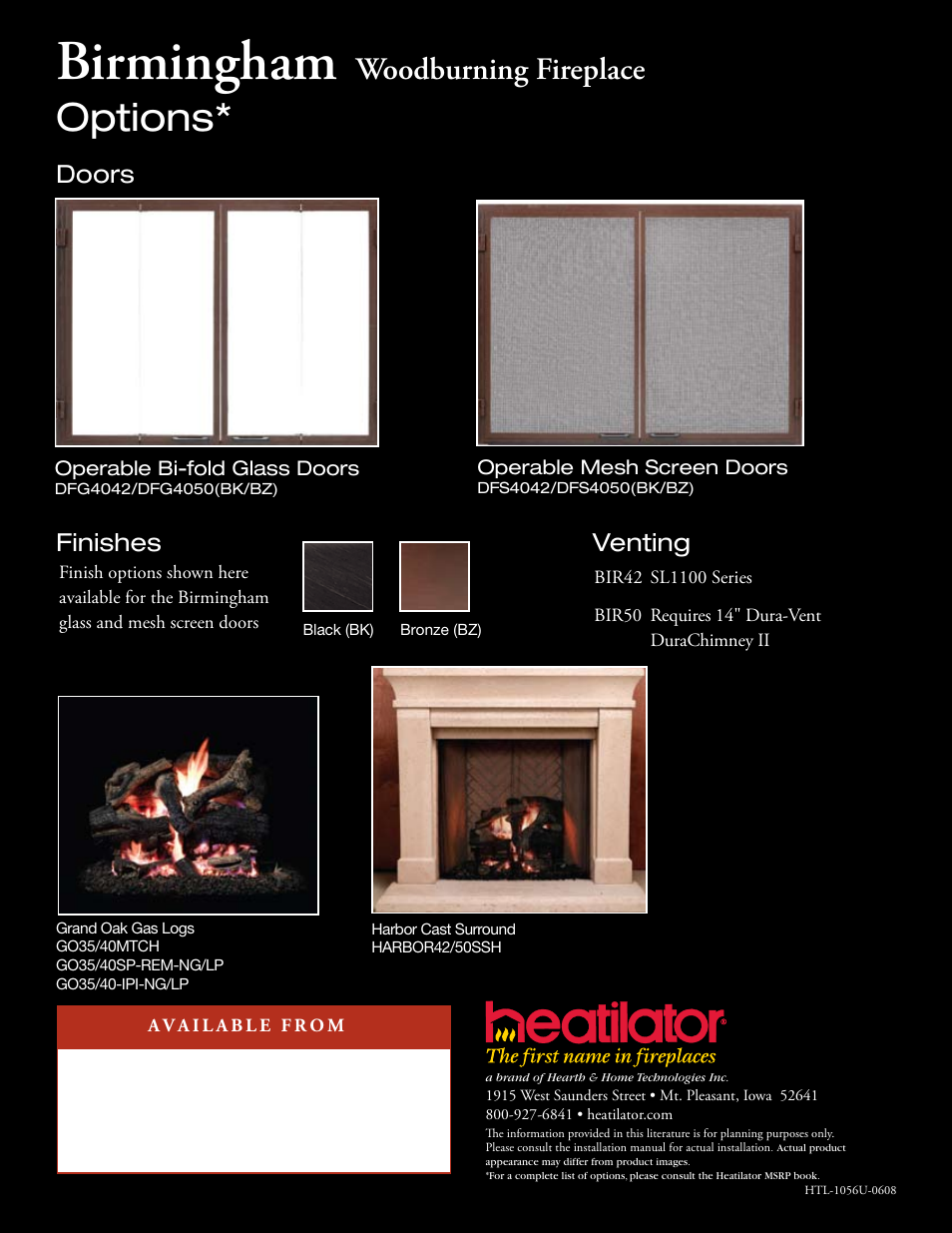 Birmingham, Options, Woodburning fireplace | Venting, Finishes, Doors | Hearth and Home Technologies Birmingham User Manual | Page 4 / 4