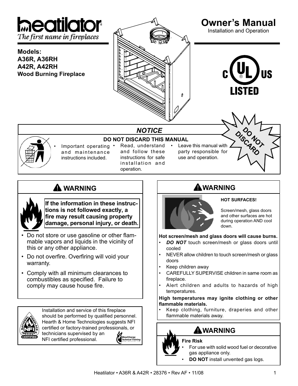 Hearth and Home Technologies A42R User Manual | 48 pages