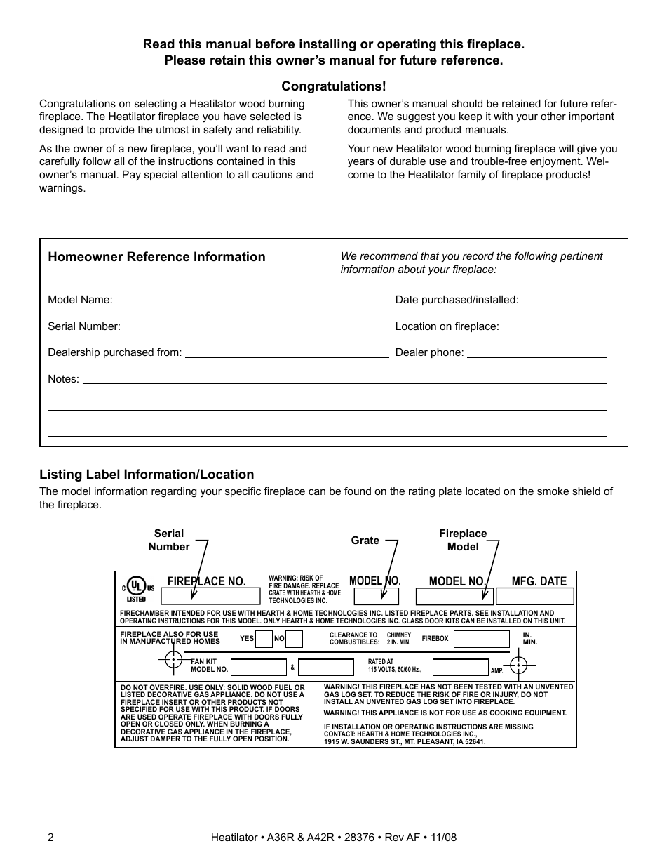 Listing label information/location, Fireplace no. model no. model no. mfg. date | Hearth and Home Technologies A42R User Manual | Page 2 / 48
