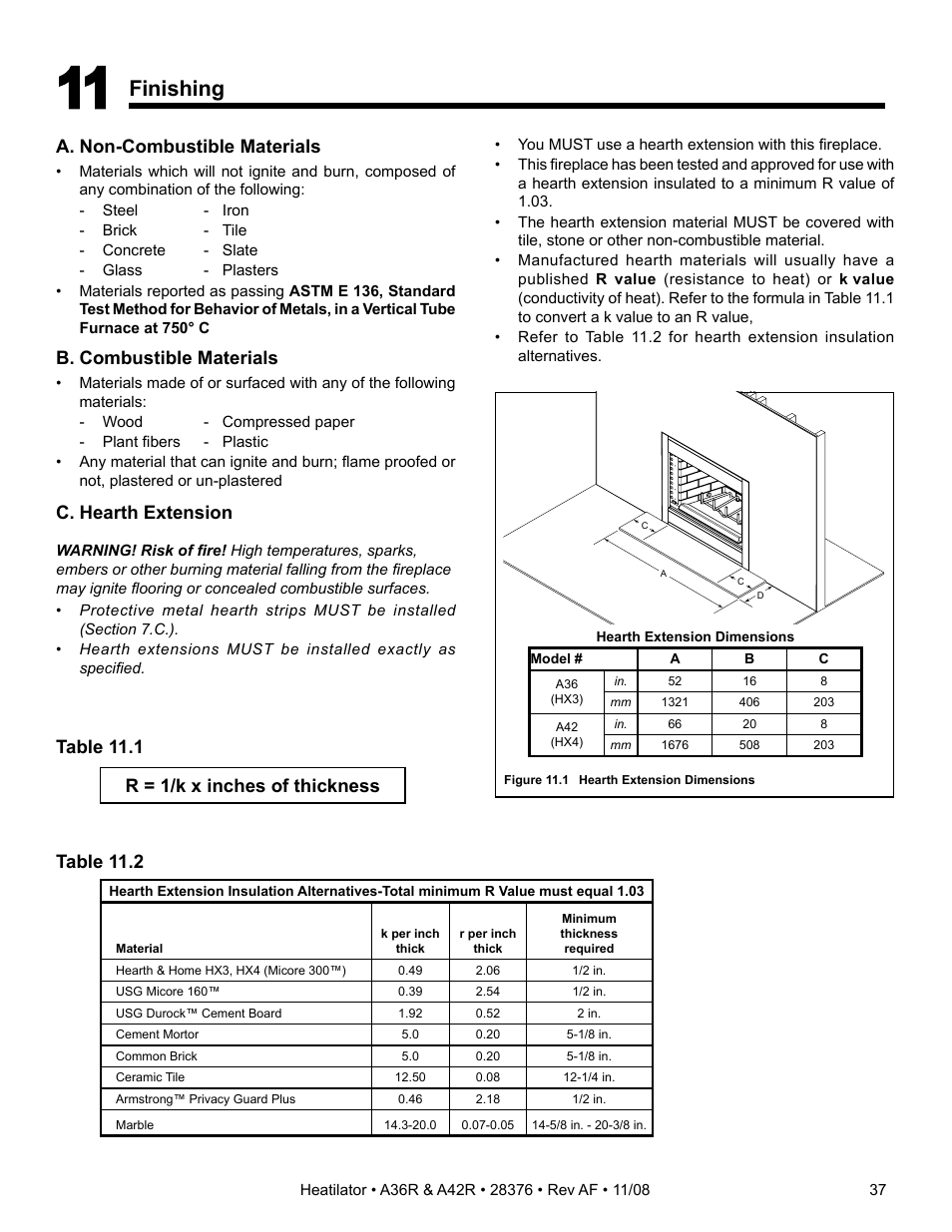 Finishing, A. non-combustible materials, B. combustible materials | Table 11.2 c. hearth extension, Table 11.1, R = 1/k x inches of thickness | Hearth and Home Technologies A42R User Manual | Page 37 / 48
