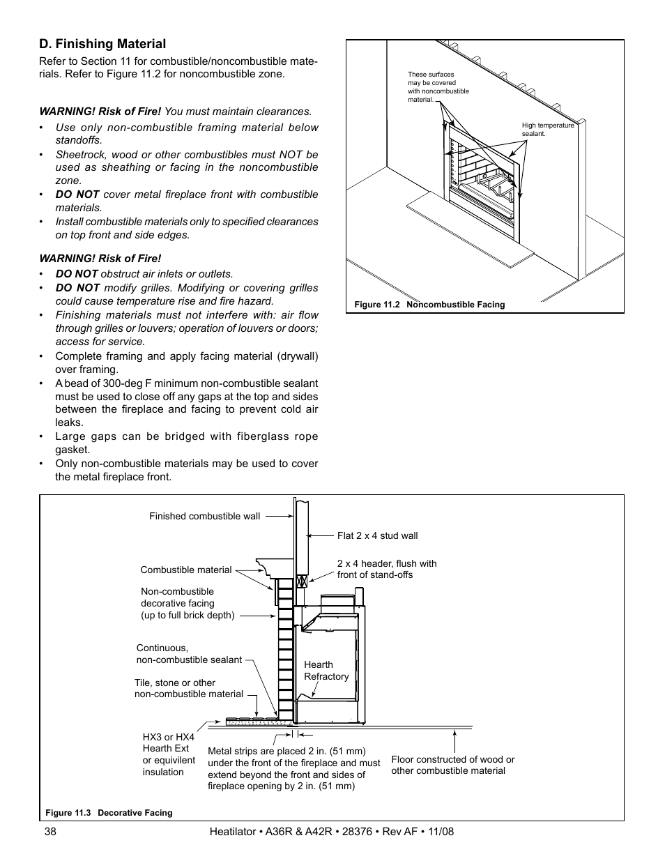 D. finishing material | Hearth and Home Technologies A42R User Manual | Page 38 / 48