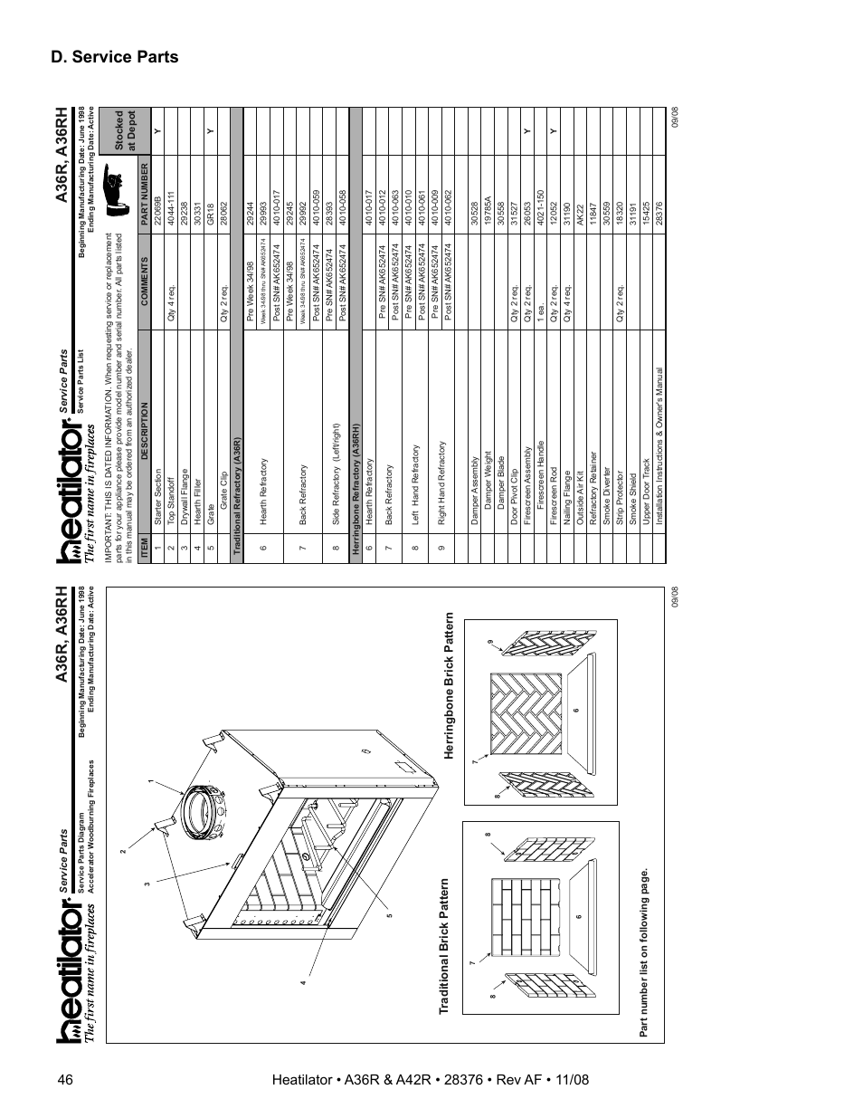 D. service parts, A36r, a36rh, Tr aditional brick pattern | Herringbone brick pattern | Hearth and Home Technologies A42R User Manual | Page 46 / 48