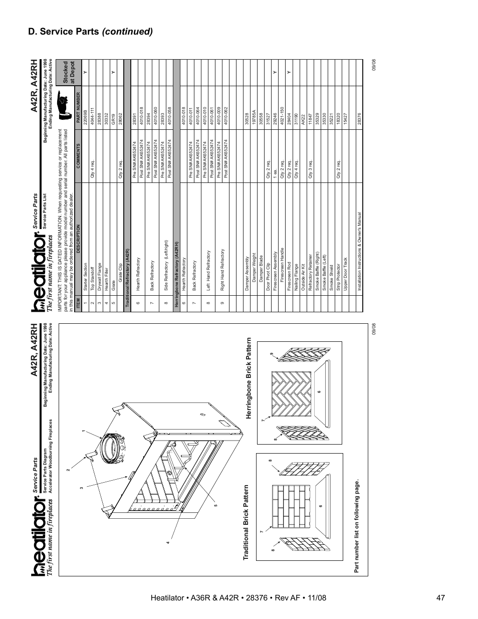 D. service parts (continued), A42r, a42rh, Tr aditional brick pattern | Herringbone brick pattern | Hearth and Home Technologies A42R User Manual | Page 47 / 48