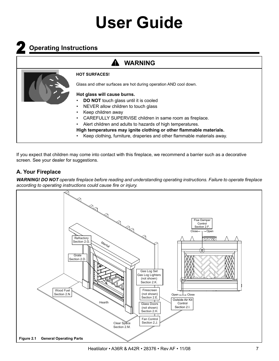 User guide, Operating instructions, Warning | A. your fireplace | Hearth and Home Technologies A42R User Manual | Page 7 / 48