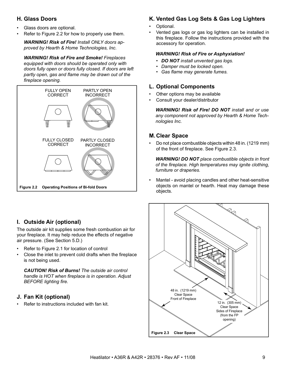 I. outside air (optional), J. fan kit (optional), H. glass doors | K. vented gas log sets & gas log lighters, L. optional components, M. clear space | Hearth and Home Technologies A42R User Manual | Page 9 / 48