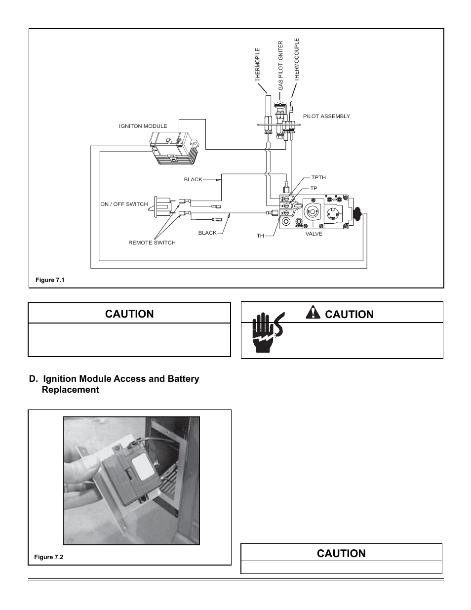 Caution, D. ignition module access and battery replacement, Shock hazard. • replace damaged wire with type 105 | Hearth and Home Technologies TIARAI-CES User Manual | Page 29 / 60