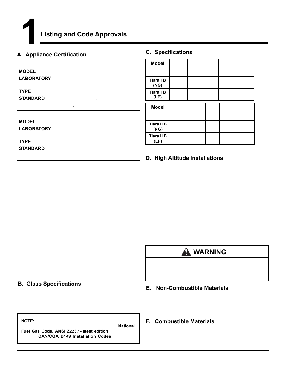 Listing and code approvals, Warning | Hearth and Home Technologies TIARAI-CES User Manual | Page 4 / 60