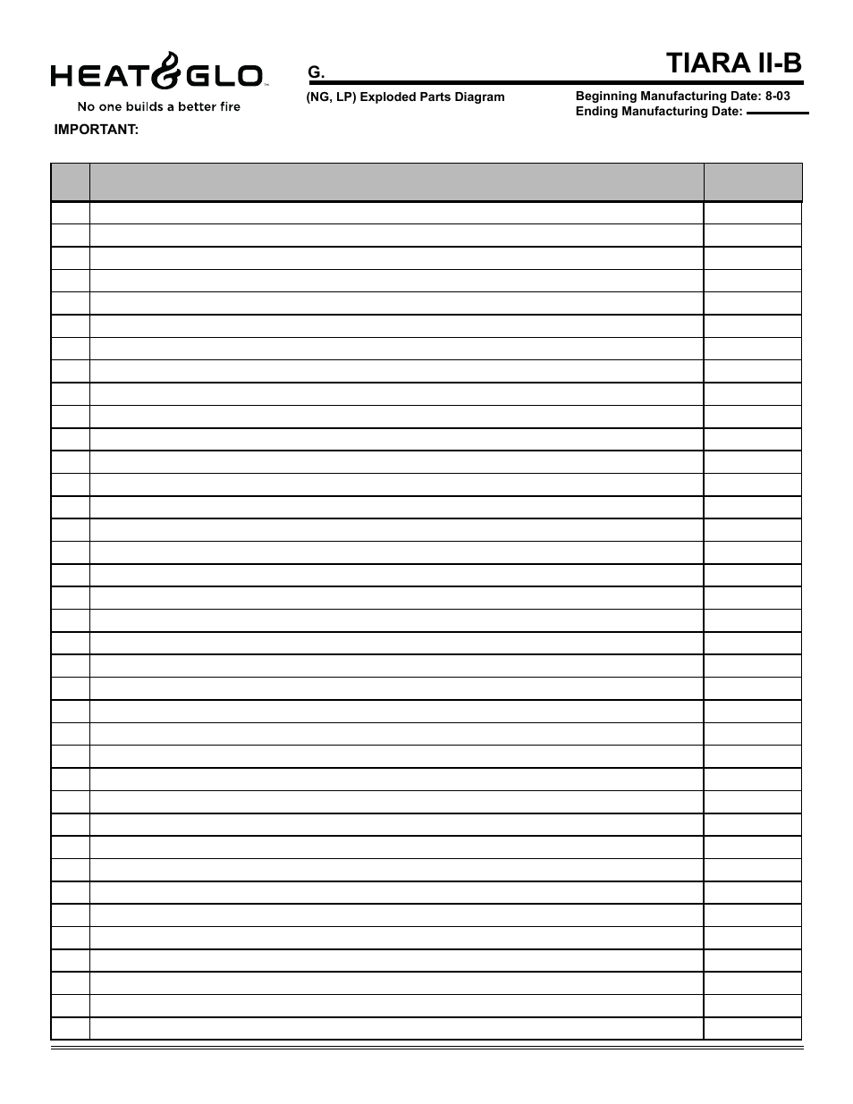 Tiara ii-b, Service parts list | Hearth and Home Technologies TIARAI-CES User Manual | Page 56 / 60