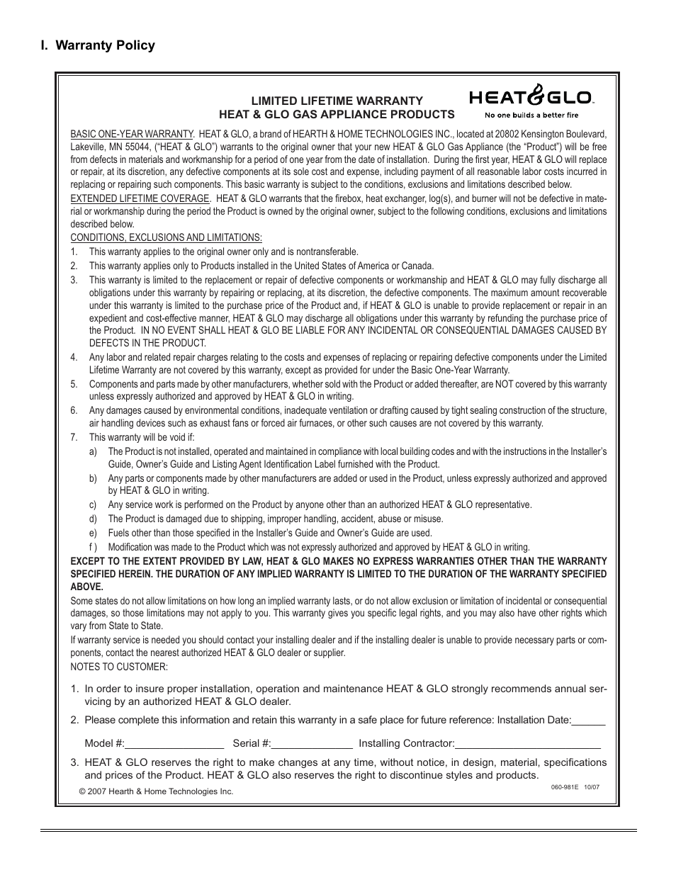 I. warranty policy | Hearth and Home Technologies TIARAI-CES User Manual | Page 58 / 60