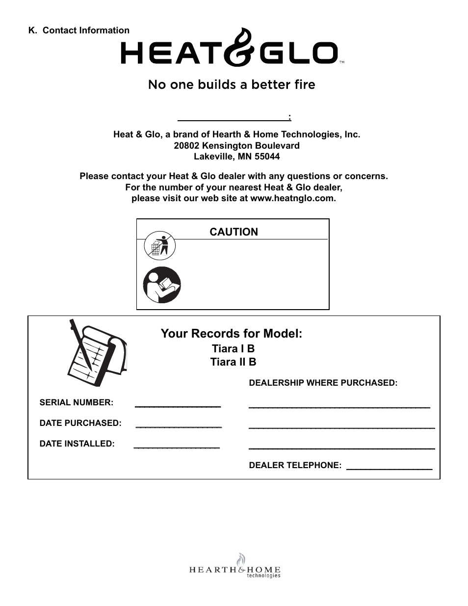 Your records for model, Tiara i b tiara ii b, Caution | Hearth and Home Technologies TIARAI-CES User Manual | Page 60 / 60
