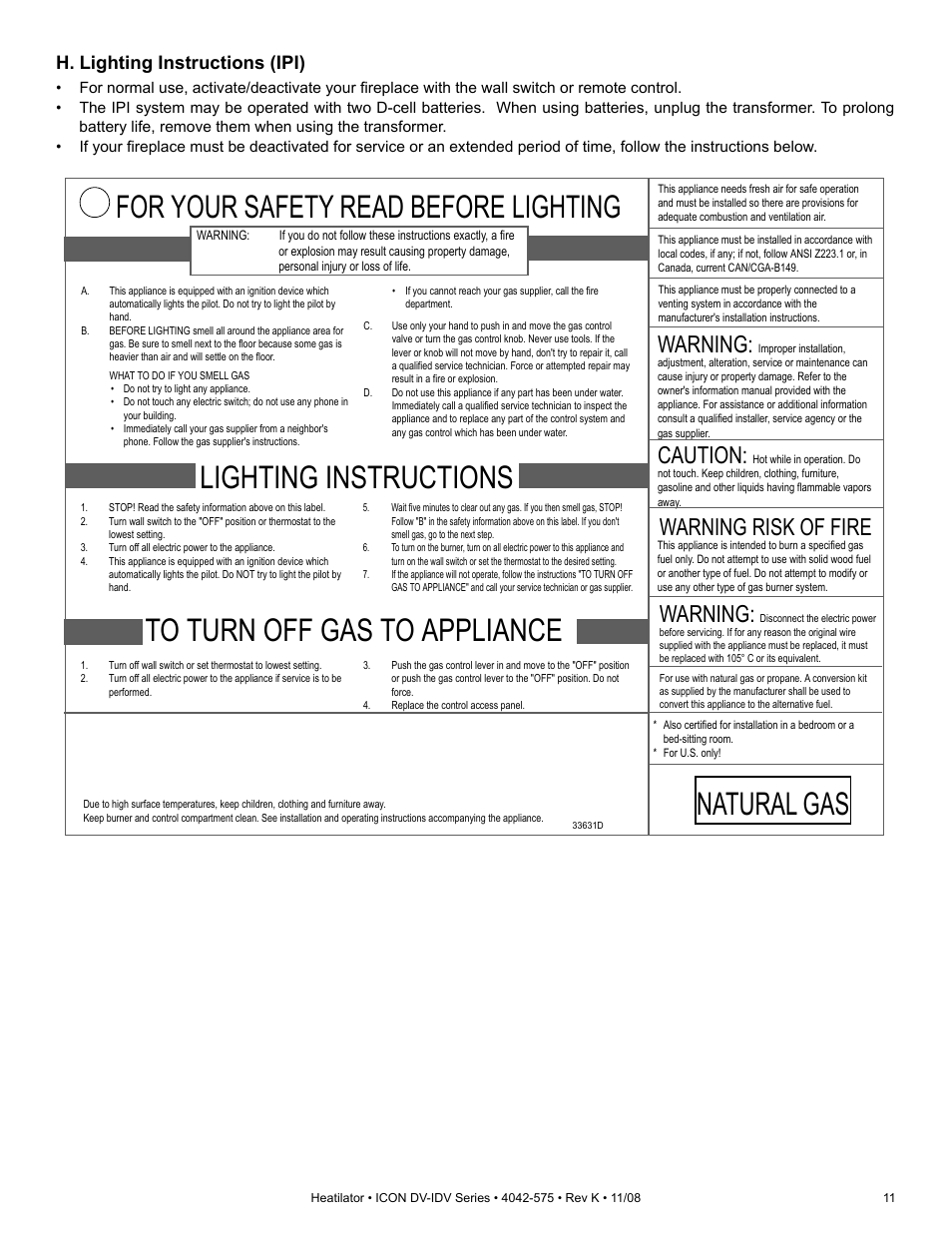Lighting instructions, For your safety read before lighting, Natural gas | Warning, Caution, Warning risk of fire, H. lighting instructions (ipi) | Hearth and Home Technologies IDV4833ILH User Manual | Page 11 / 64