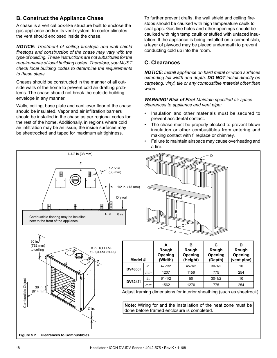 B. construct the appliance chase, C. clearances | Hearth and Home Technologies IDV4833ILH User Manual | Page 18 / 64