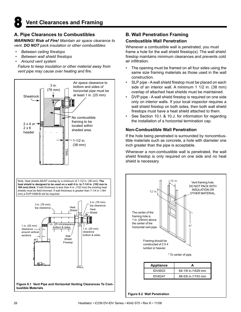 Vent clearances and framing, A. pipe clearances to combustibles, B. wall penetration framing | Hearth and Home Technologies IDV4833ILH User Manual | Page 28 / 64