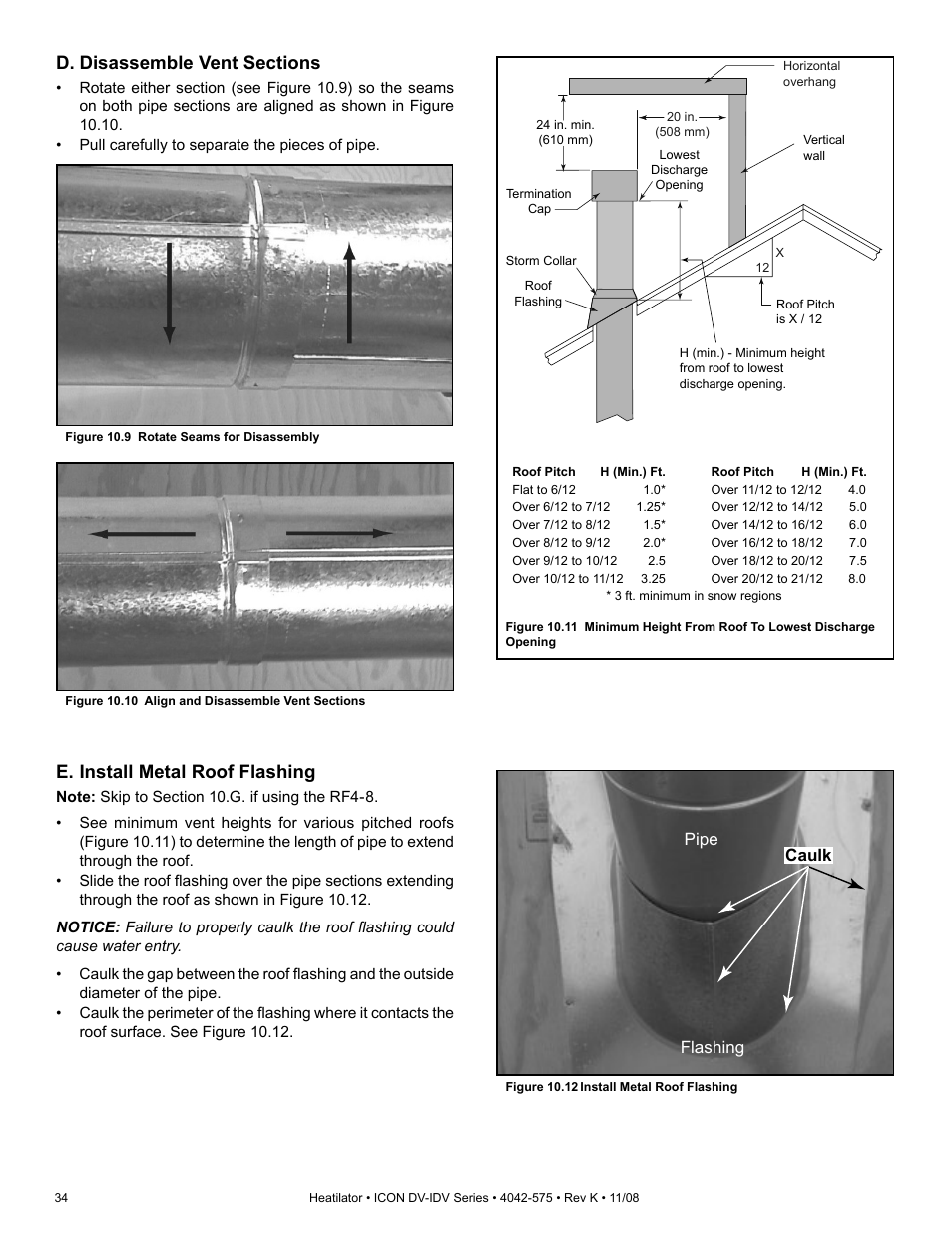 E. install metal roof flashing, Caulk pipe flashing | Hearth and Home Technologies IDV4833ILH User Manual | Page 34 / 64