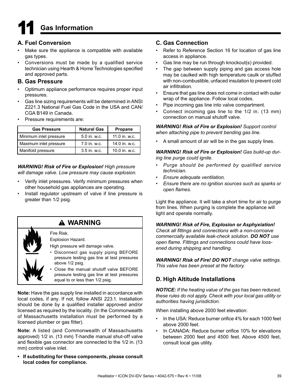 Gas information, Warning | Hearth and Home Technologies IDV4833ILH User Manual | Page 39 / 64