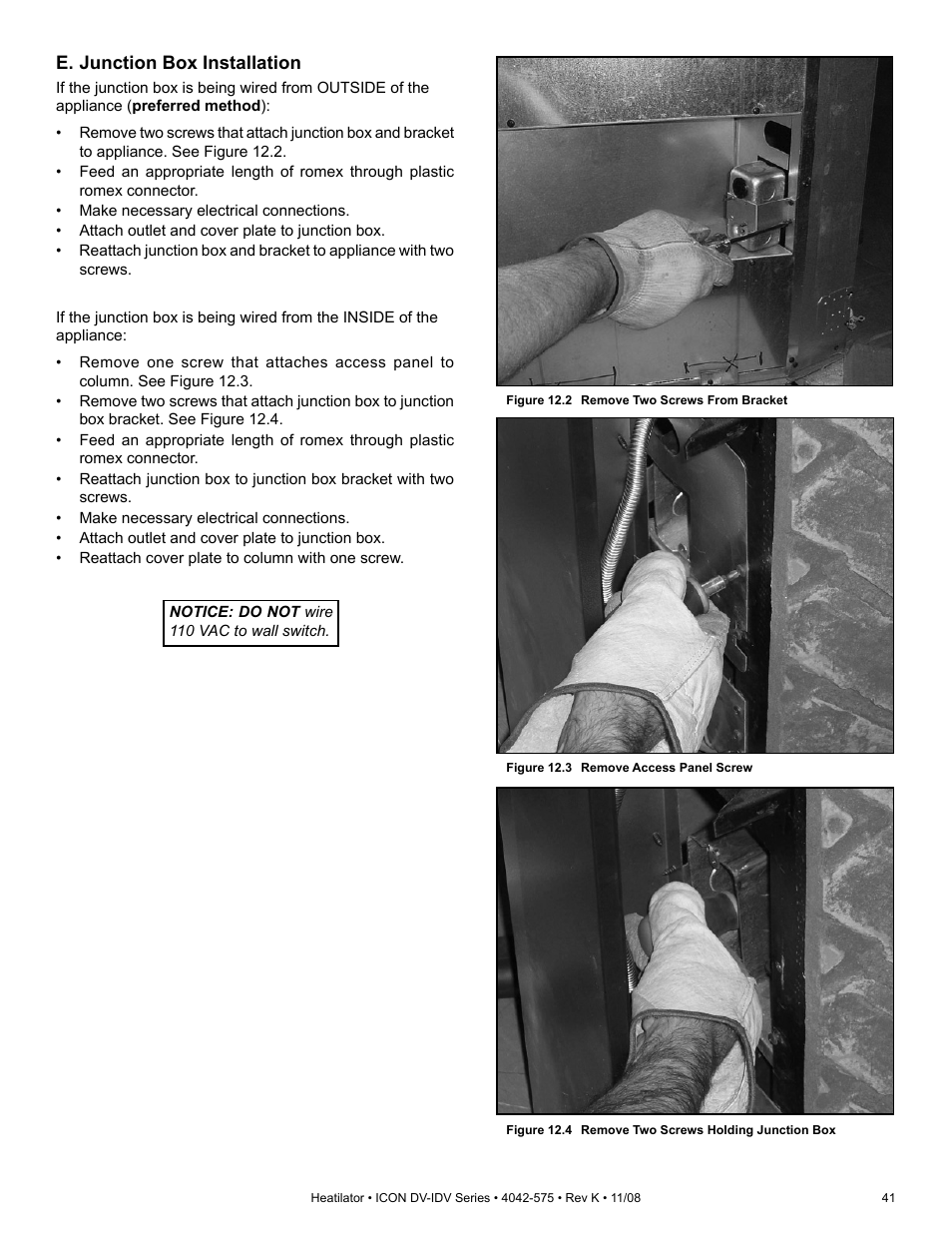 E. junction box installation | Hearth and Home Technologies IDV4833ILH User Manual | Page 41 / 64