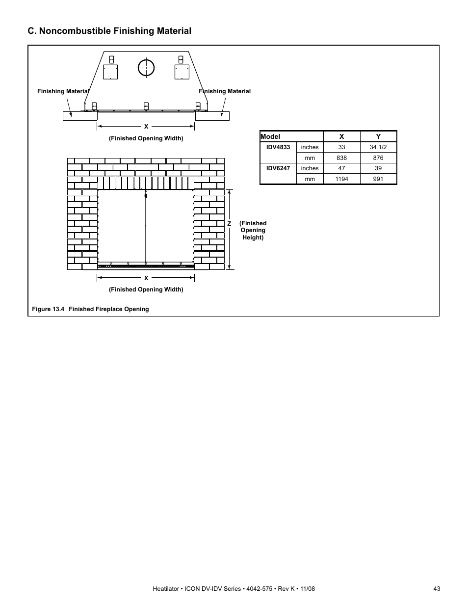 C. noncombustible finishing material | Hearth and Home Technologies IDV4833ILH User Manual | Page 43 / 64