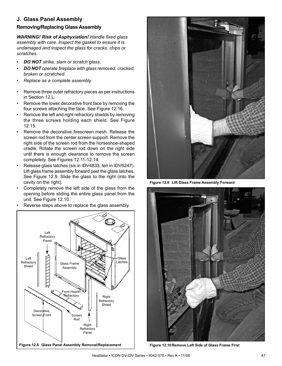 J. glass panel assembly, Removing/replacing glass assembly | Hearth and Home Technologies IDV4833ILH User Manual | Page 47 / 64