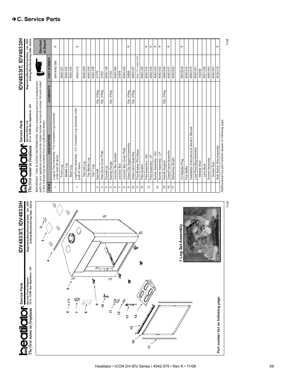 C. service parts, 1 log set assembly | Hearth and Home Technologies IDV4833ILH User Manual | Page 59 / 64