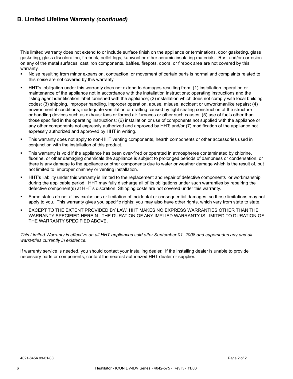 B. limited lifetime warranty (continued) | Hearth and Home Technologies IDV4833ILH User Manual | Page 6 / 64