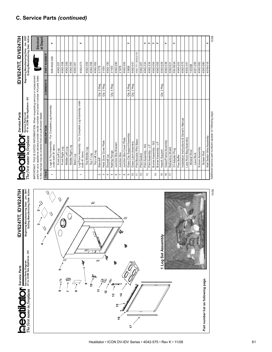 C. service parts (continued), 1 log set assembly | Hearth and Home Technologies IDV4833ILH User Manual | Page 61 / 64