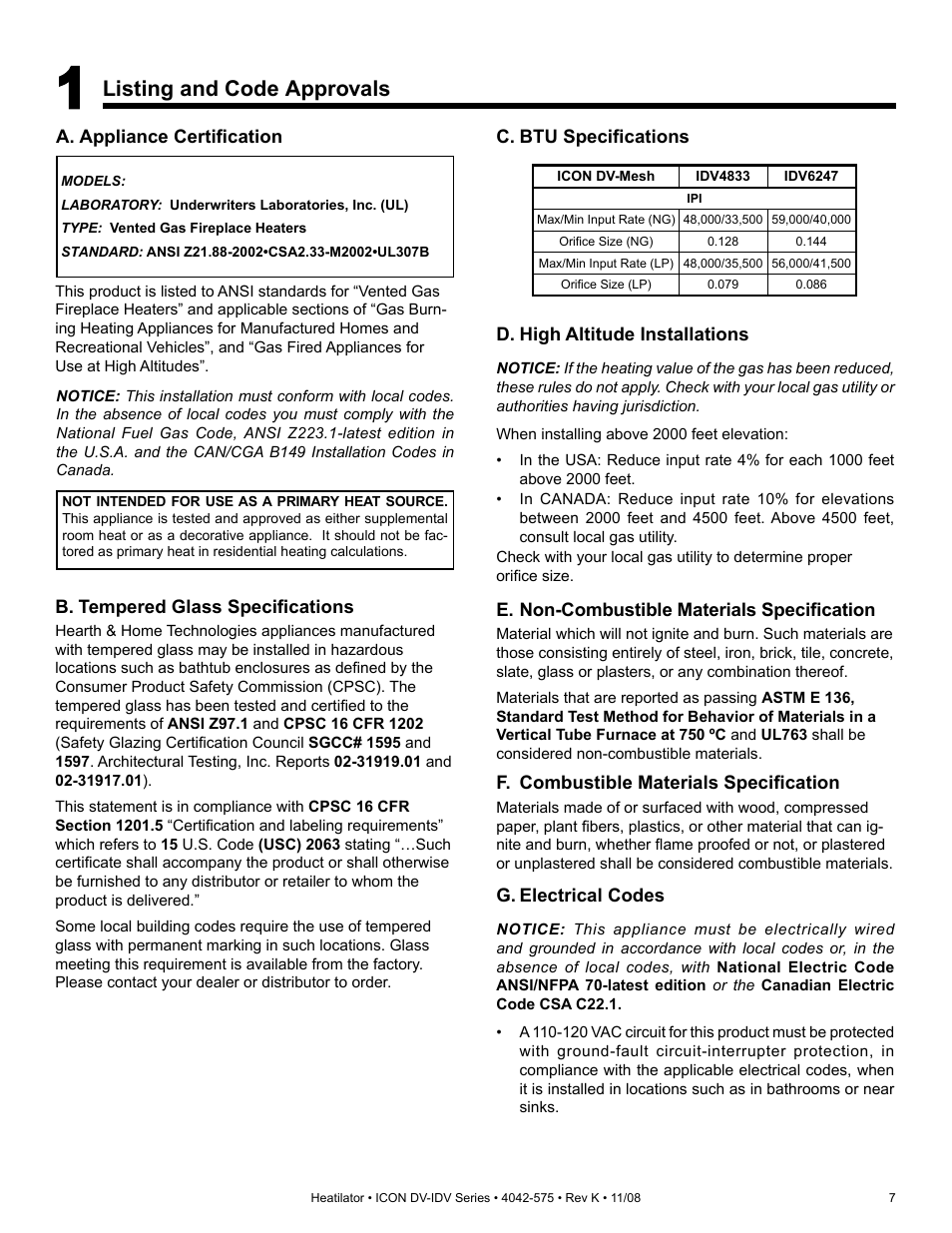Listing and code approvals | Hearth and Home Technologies IDV4833ILH User Manual | Page 7 / 64