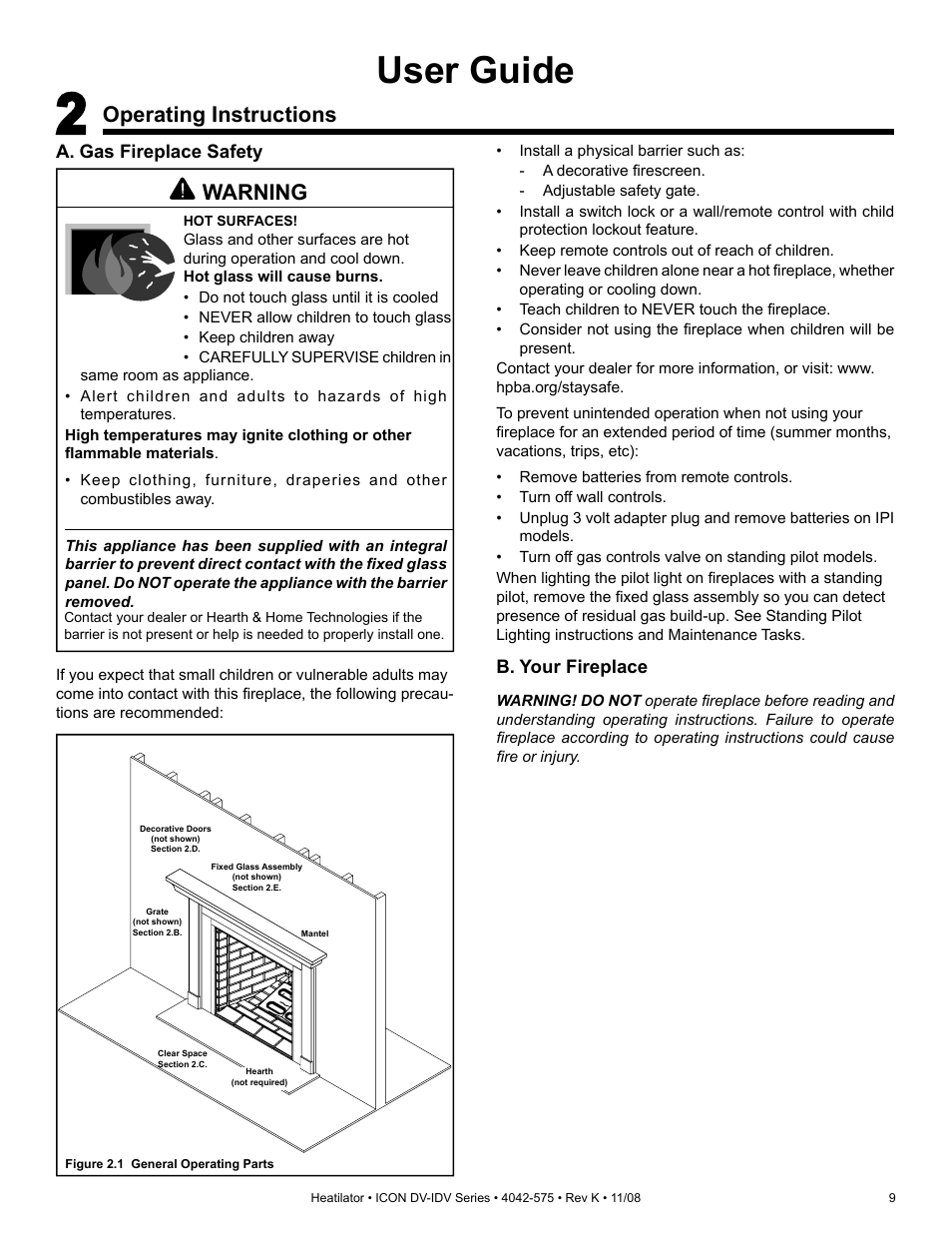 User guide, Operating instructions, Warning | Hearth and Home Technologies IDV4833ILH User Manual | Page 9 / 64