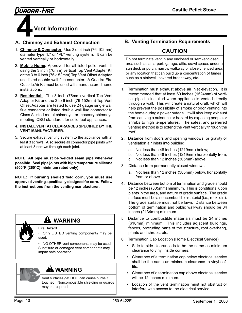 Caution, Warning, Vent information | Hearth and Home Technologies CASTILE-PMH1 User Manual | Page 10 / 48