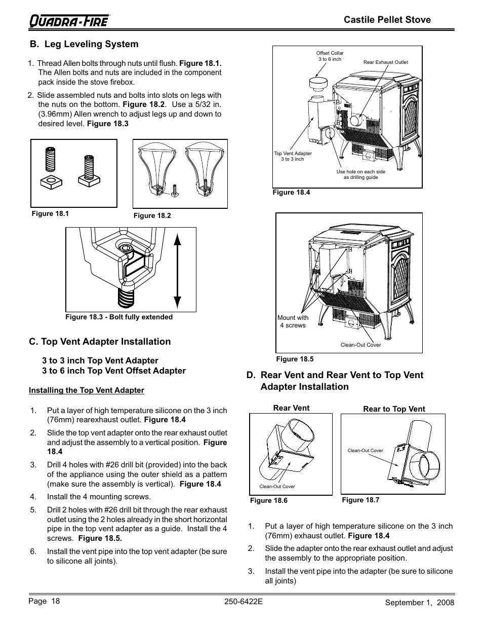 Castile pellet stove, C. top vent adapter installation, B. leg leveling system | Hearth and Home Technologies CASTILE-PMH1 User Manual | Page 18 / 48