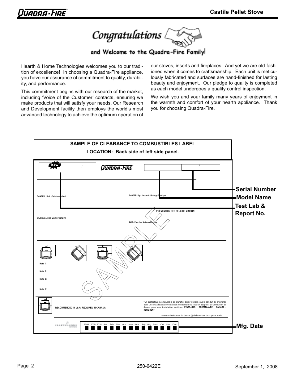 Sample, Castile pellet stove | Hearth and Home Technologies CASTILE-PMH1 User Manual | Page 2 / 48