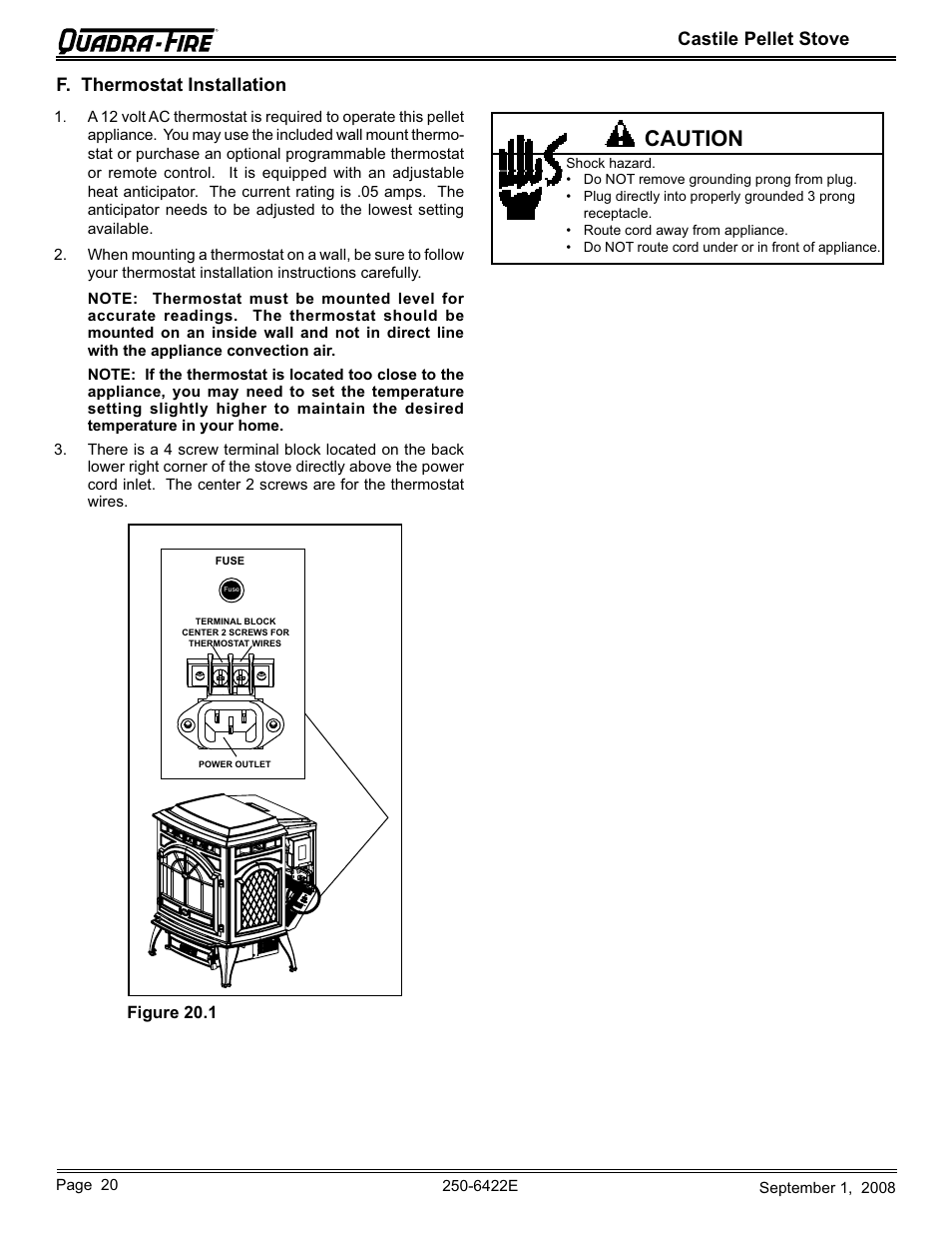 Caution, Castile pellet stove, F. thermostat installation | Figure 20.1 | Hearth and Home Technologies CASTILE-PMH1 User Manual | Page 20 / 48