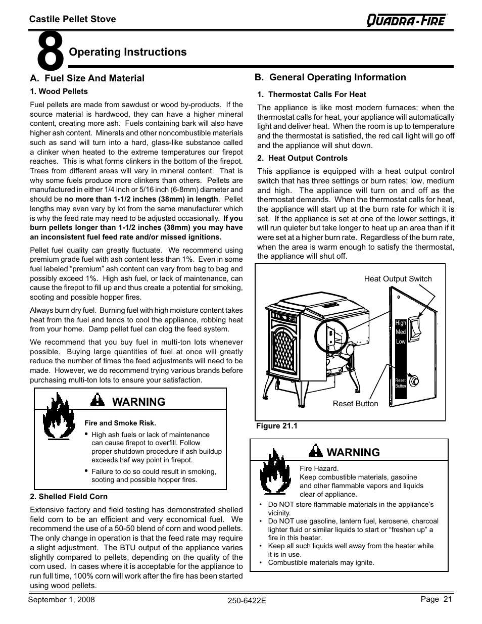 Operating instructions, Warning | Hearth and Home Technologies CASTILE-PMH1 User Manual | Page 21 / 48