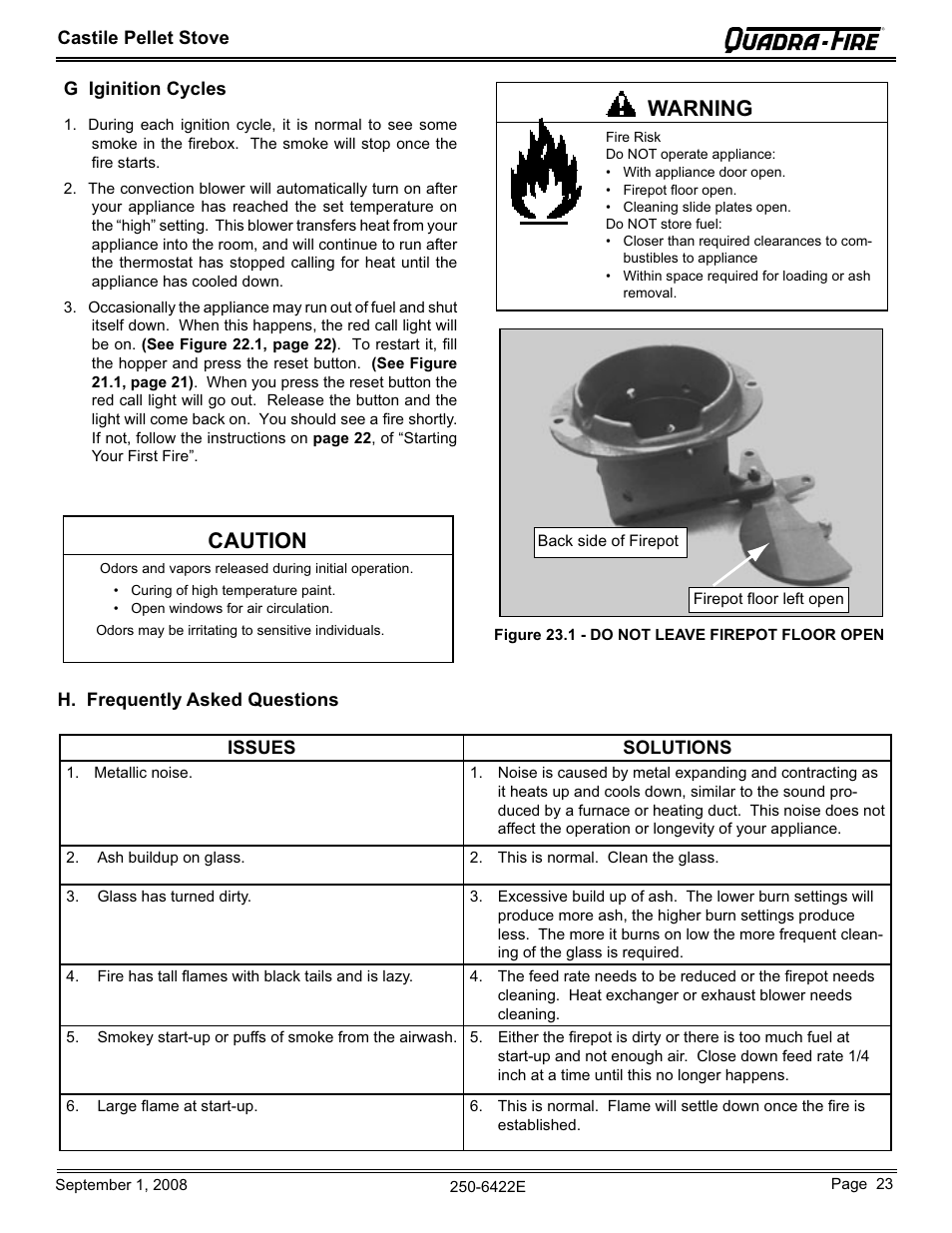 Caution warning | Hearth and Home Technologies CASTILE-PMH1 User Manual | Page 23 / 48