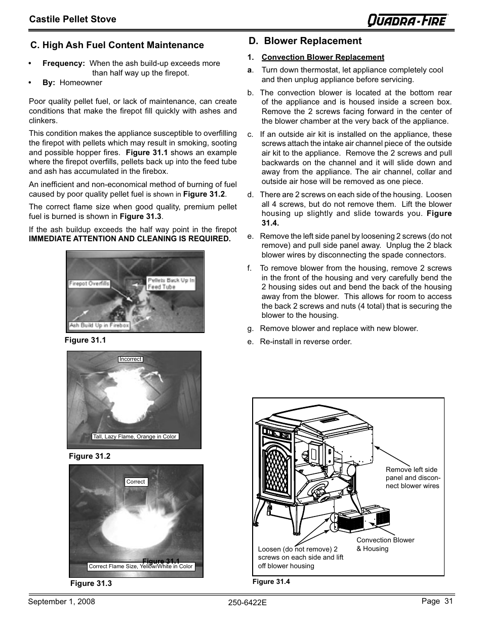 D. blower replacement, Castile pellet stove, C. high ash fuel content maintenance | Hearth and Home Technologies CASTILE-PMH1 User Manual | Page 31 / 48